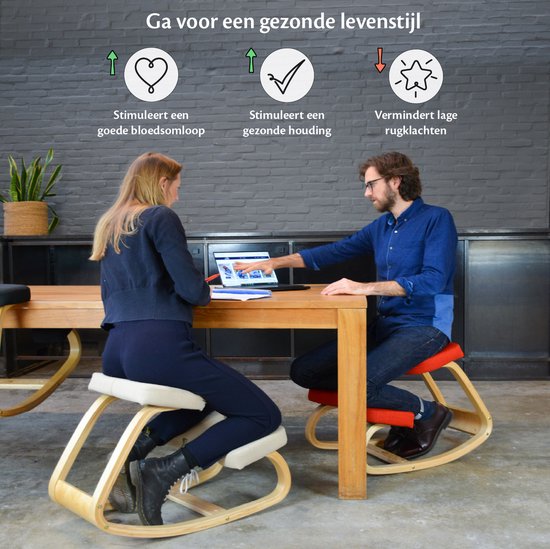 Backerz® Kniestoel - Ergochair - Ergonomische werkkruk en Bureaustoel - Werkkruk - Max 130 kg - Zwart gelakt Hout, Rood Linnen