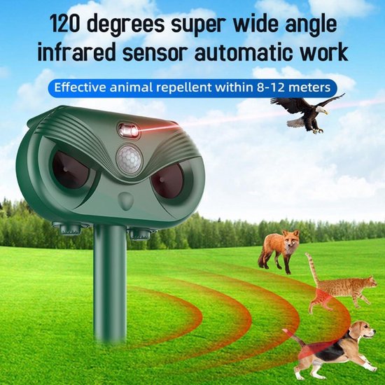 Ultrasone dierenafweermiddel met zonne-energie - tuinvos repeller voor buiten - eekhoorn en kattenafstotend - bewegingssensor en knipperlicht - stoot stinkdier, konijn en vos af