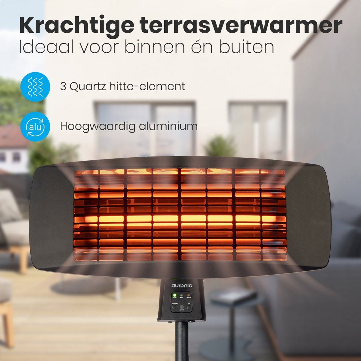 Auronic Terrasverwarmer - Infrarood - Elektrisch - 2000W - Heater - Hangend en Staand - met Afstandbediening - 3 Standen - Zwart