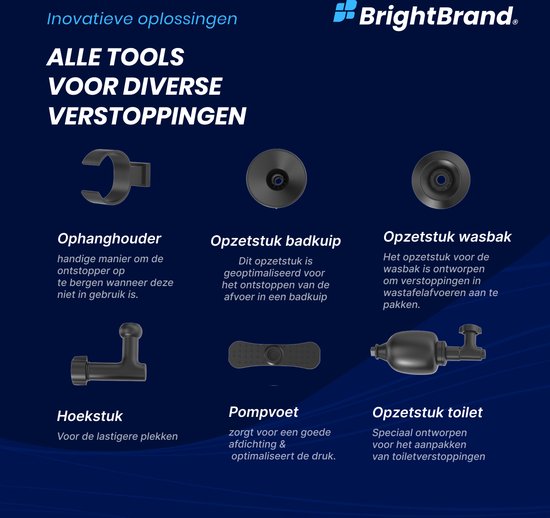 Brightbrand PressurePro Afvoer ontstopper – Toilet Ontstopper – Hogedruk Ontstopper – Wasbak Ontstopper - Inclusief Opzetstukken voor Diverse gootstenen – Ontstoppingsveer – Plopper - Drain