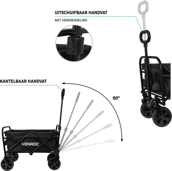 VONROC Bolderkar – Compact model – Opvouwbaar – 60 kg draagvermogen – 50l inhoud – Massieve anti-lek wielen – Stevig stalen frame – Polyester 600D – Zwart