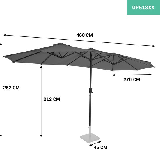 VONROC Premium Parasol Iseo - 460x270cm – Dubbele parasol – Duurzaam - UV werend doek - Grijs – Incl. beschermhoes