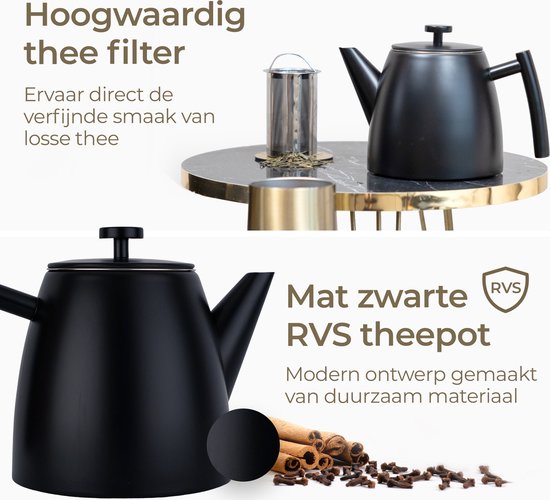 Vaja® Juliette Theepot met filter - Theekan - Dubbelwanding - 1 liter - RVS Zwart