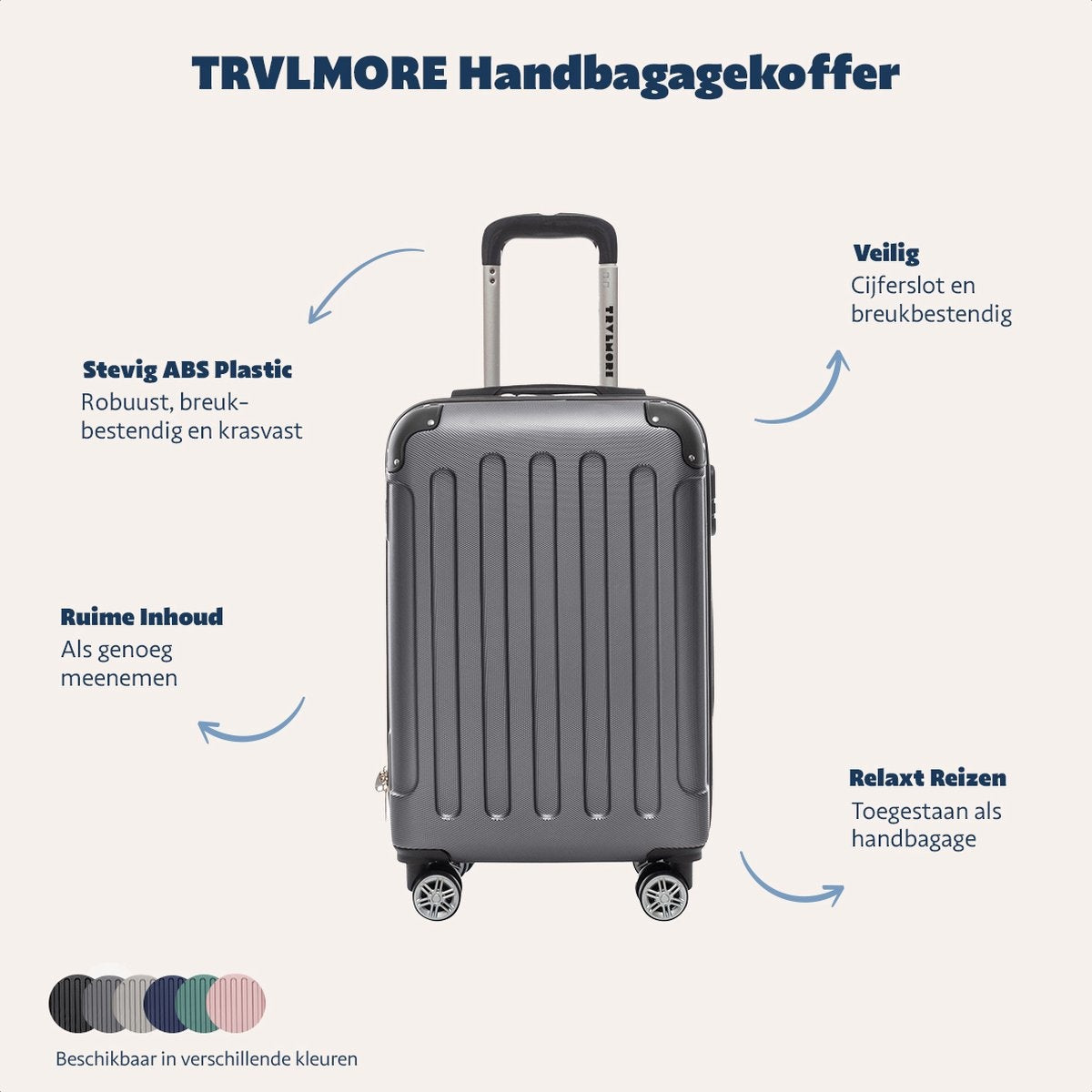 TRVLMORE Handbagage Koffer met Wielen - Cijferslot - 54x36x20cm - 38L - Donkergrijs