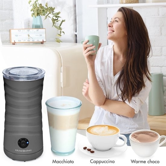 KitchenBrothers Elektrische Melkopschuimer - 4-in-1 - 240 ML - Handige Melkschuimer - Antraciet