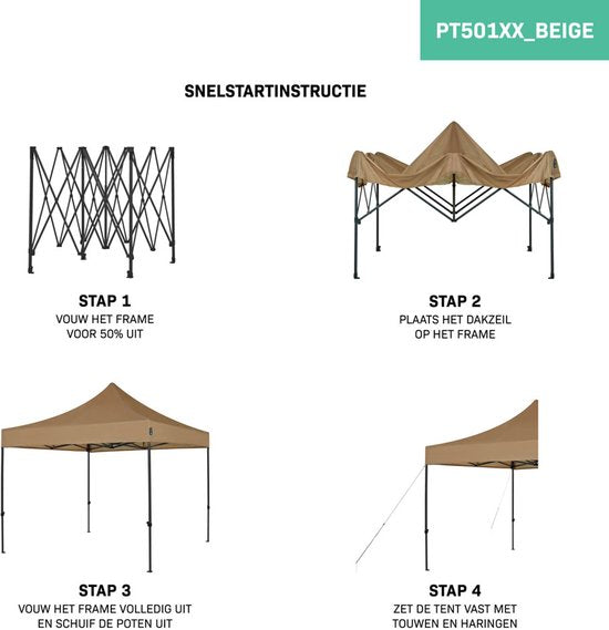 VONROC Partytent - Paviljoen - Easy Up - Opvouwbaar - Waterdicht - Met Draagtas - 300 x 300 cm – Beige
