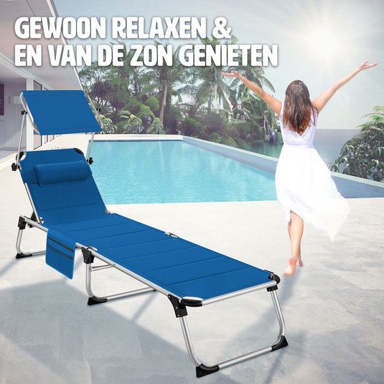 tectake® Ligbed Lorella met zonneluifel - Ligstoel - Zonnebed gestoffeerd - Inklapbaar - Voor in de tuin of op balkon - Met zijvak - Afmetingen (BxDxH) 220 x 60,5 x 34 cm - Blauw