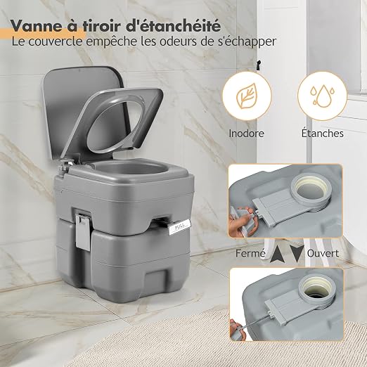 Goplus Draagbaar Campingtoilet 20L + 10L – HDPE – Spoelsysteem – Tot 200 kg – Grijs