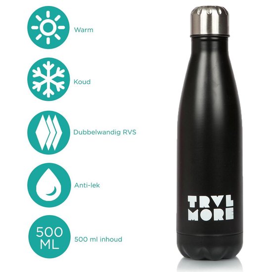 TravelMore Thermosfles - 500ml - RVS - Dubbelwandig - BPA-vrij - Zwart