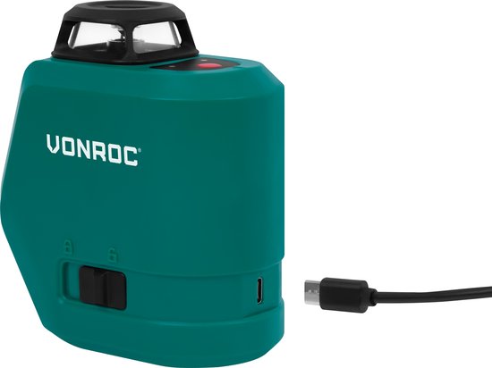 VONROC Kruislijnlaser – 360° - rood – 4V accu – 2600mah - zelfnivellerend – ±20 meter bereik - Incl. bevestigingsbeugel, USB-C kabel & opbergtas