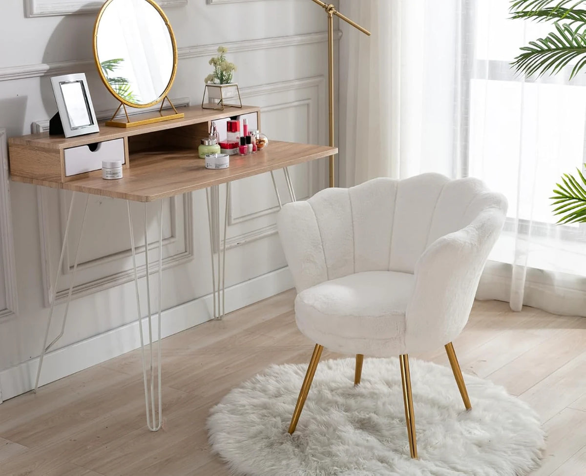 Ya-Home Fauteuil in Bloemvorm met Gouden Poten - Pluche Loungestoel - 70 x 60 x 76 cm - Wit