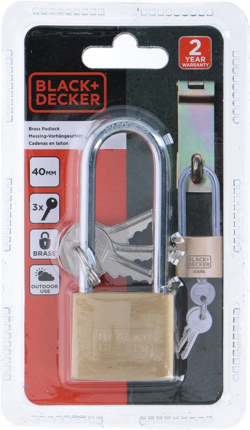 BLACK+DECKER Hangslot - 40mm - Lange Beugel - Incl. 3 Sleutels - Massief Messing Slot