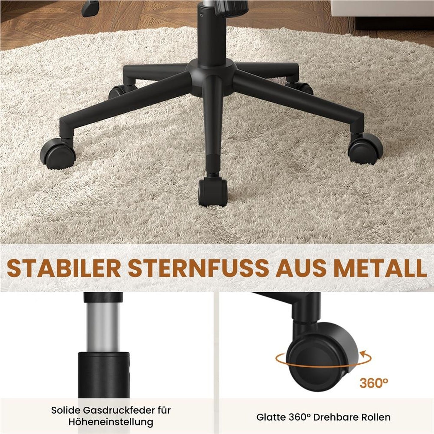 Yaheetech Bureaustoel Brede Zitting - Ergonomische Draaistoel met Rugleuning - In Hoogte Verstelbaar - 66x64,5x82-91,5 cm - Beige