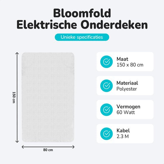 Bloomfold Elektrische Onderdeken - 150 x 80 cm - Wasmachinebestendig - 1 Persoons - 3 Standen - Warmtedeken - Wit/polyester
