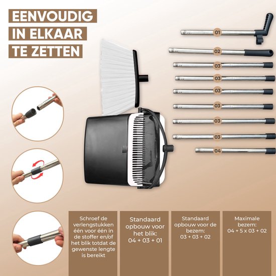 TTD® Stoffer en Blik met Lange Steel XXL - Verstelbaar 54-263 cm - Bezem - Bezemsteel - Grijs & zwart - Veger en Blik - Vuilblik voor Binnen en Buiten - Ingebouwde Schoonmaaktanden