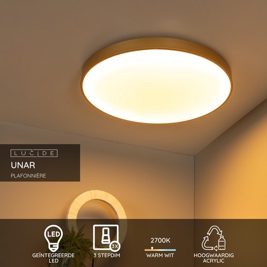 Lucide UNAR - Plafonnière (Plafondlamp) - Ø 60 cm - LED 3 StepDim - 1x60W 2700K - Mat Goud / Messing