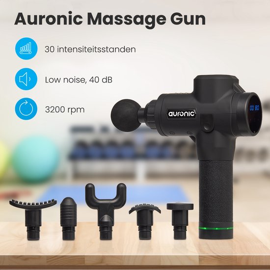 Auronic Massage Gun - Sport en Relax Massage - Massage pistool - 6 Opzetstukken - 30 Standen - Professioneel Massage Apparaat - Zwart