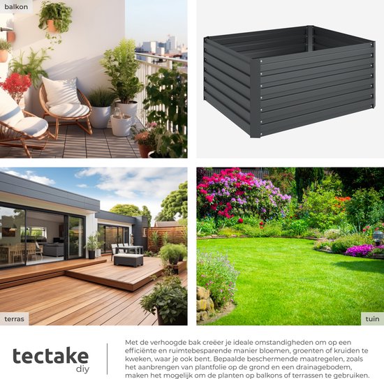 tectake® Verhoogde Plantenbak Blomma - Bloembakken voor buiten Rechthoekig - Inclusief Werkhandschoenen - Verzinkt Staal - Stabiel en Weerbestendig - 120 x 100 x 56 cm - Tuinbed voor Kruiden, Groenten en Bloemen - Antraciet