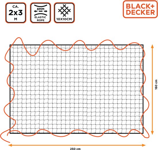 BLACK+DECKER Aanhangwagennet - 2 x 3 M - Rekbaar Elastiek - In Opbergtas - Zwart