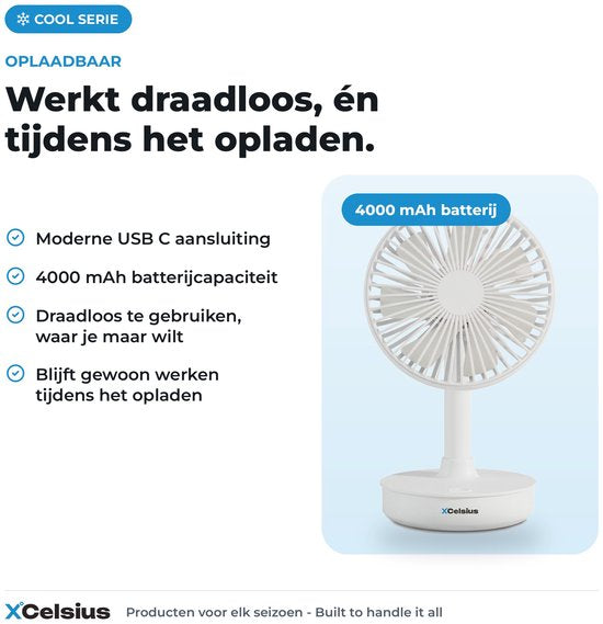 XCelsius® Tafelventilator Draadloos - Ventilator voor Bureau, Tafel en Werkplek - Oplaadbaar met USB-C - 4 Snelheden - Oscillerende Modus - Kantelbaar - Tijdens opladen gebruiken - Wit