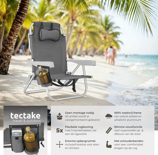 tectake® Strandstoel Coral - Opvouwbare Campingstoel met Koeltas en Opbergtas - 5-voudig Verstelbare Rugleuning met Hoofdkussen - Brede Armleuningen met Bekerhouder / Telefoonhouder - Inklapbare Kampeerstoel - Grijs