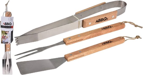 BBQ/barbecue gereedschap set 3-delig met houten handvatten - Tang - Vork - Spatel