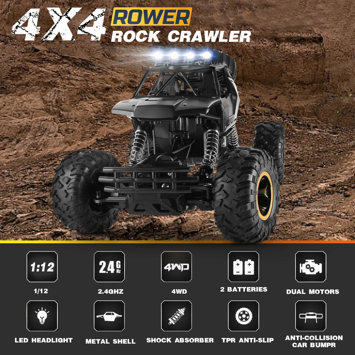 4DRC RC Monstertruck 1:12 - Off-Road 4WD - Metalen Behuizing, LED-Koplampen, 2 Accu's