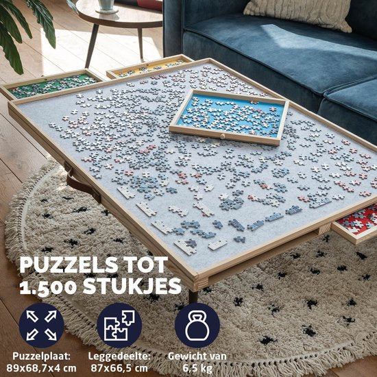 BREND BR-2224 Verstelbare Puzzelplaat met 4 Lades voor 1500 Stukjes - Puzzelbord met transparante Afdekplaat - Puzzeltafel met Vilt en Opbergsysteem