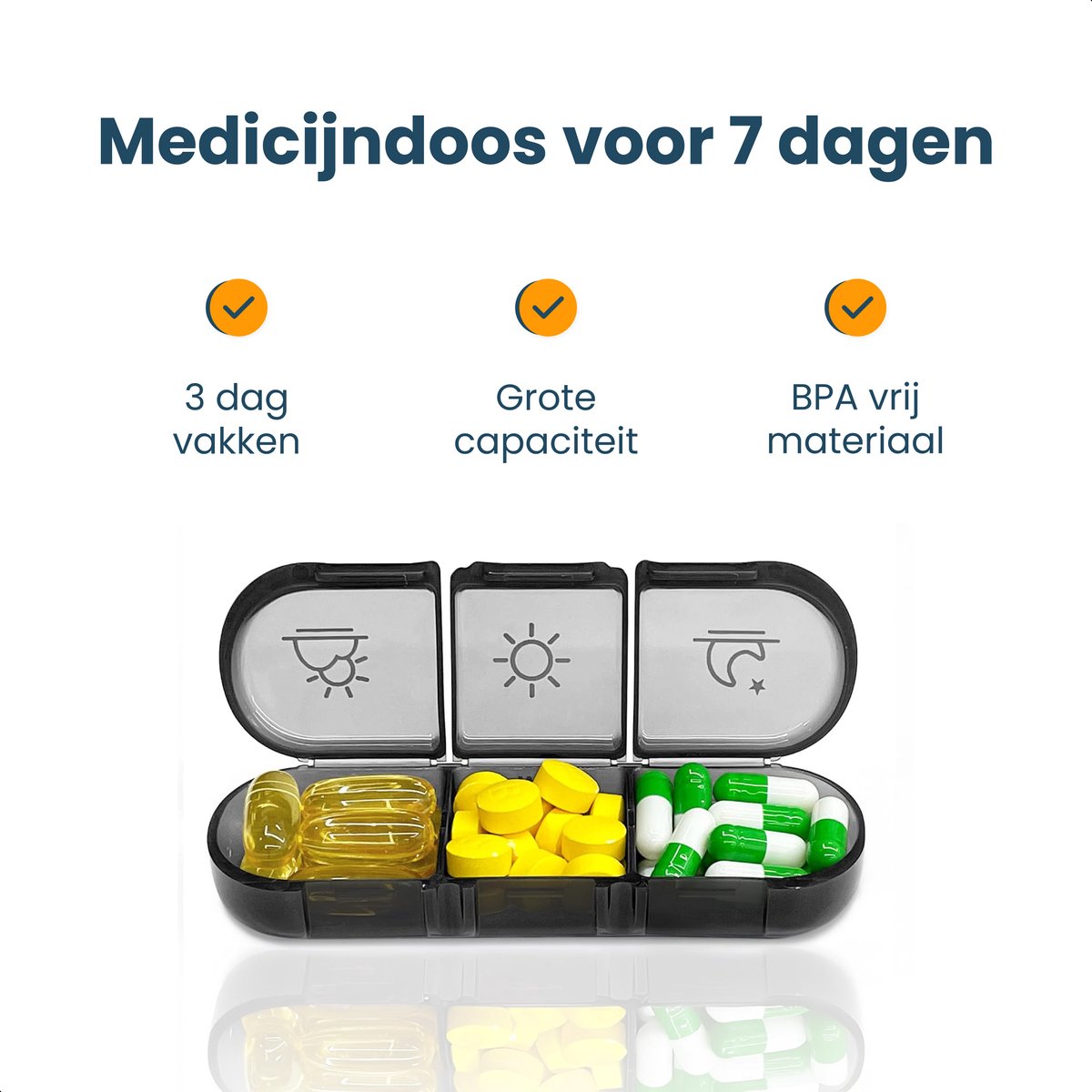 Alyze Medicijndoos 7 Dagen Zwart 15.6 x 12 x 4.2 cm – Pillendoos BPA-vrij met 3 Vakken per Dag – Compact en Duurzaam Medicatiebox