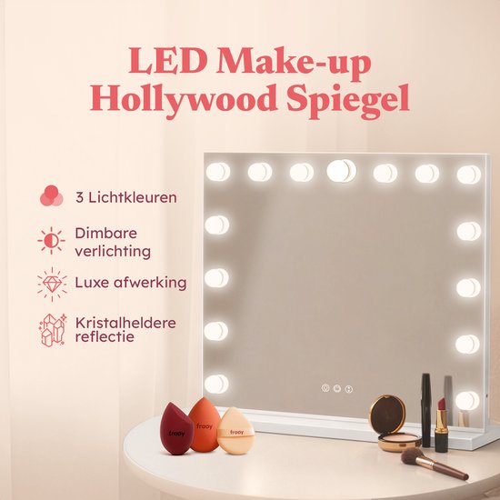 Fraay® Hollywood Spiegel met Verlichting 60x50cm - 3 Lichtstanden - Luxe Make Up Spiegel met 10x Vergrootspiegel - LED Verlichting Dimbaar - Incl. 2 Beauty Blenders en Powder puff