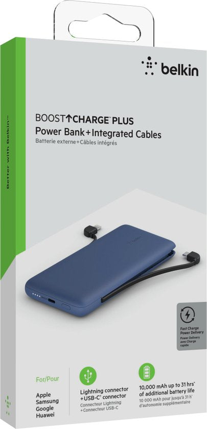 Belkin 10K PD - Powerbank - Met Geïntegreerde Kabels (USB-C & Lightning) - Blauw
