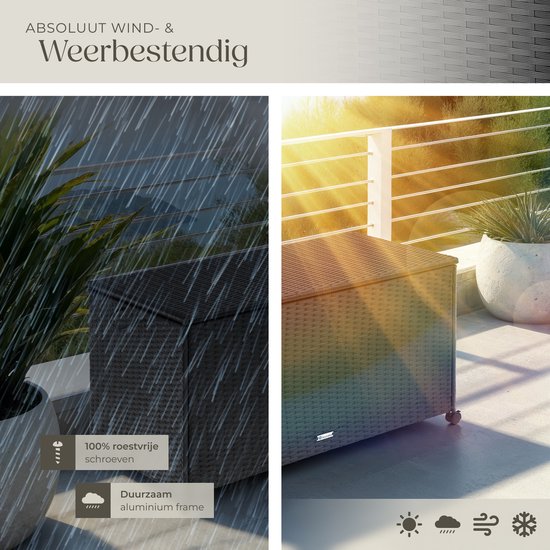 tectake® Wicker opbergbox - Outdoor kussenbox - Uitneembare binnenzak - Weerbestendig en afsluitbaar met deksel - Verrijdbaar - Inclusief 2 handgrepen, 2 wielen met rem en gasveren - Inhoud 297 l - Afmeting (LxBxH) 117 x 54 x 64 cm - Zwart