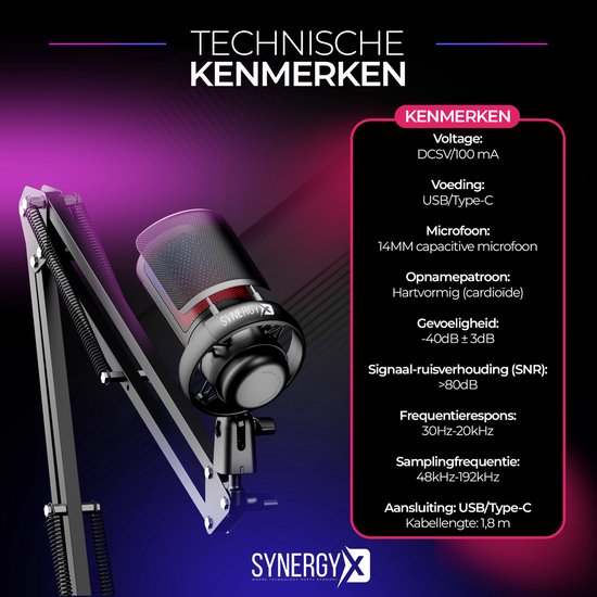 SynergyX SonicFlex Pro Microfoon - USB Gaming Microfoon Met Arm - PC-Gaming - Geschikt voor PC/PS4/PS5 - RGB - Podcast - Gaming - Streaming - Zwart