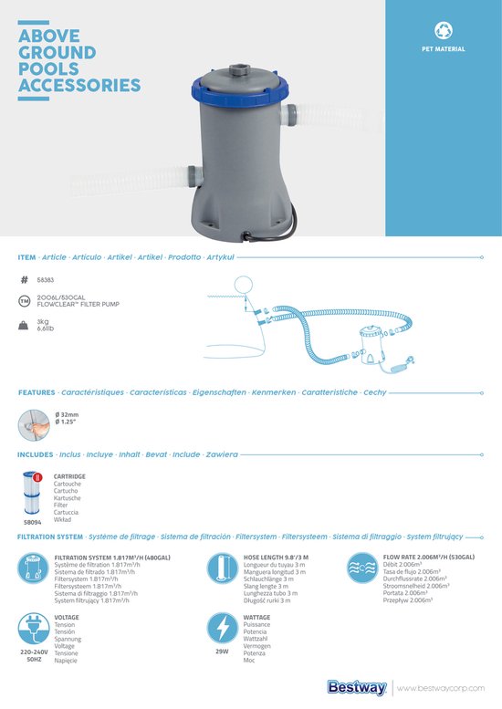 Bestway Grijze Filterpomp - 2.006 ltr/uur - 30.50x32x24.50cm