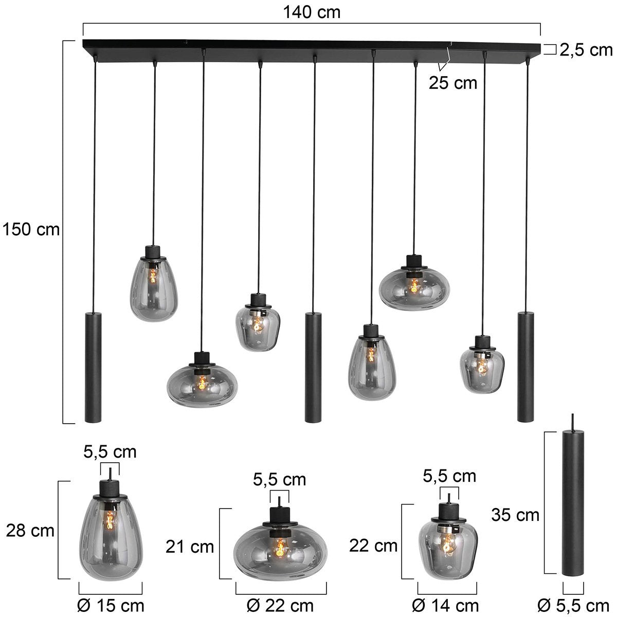 Steinhauer - hanglamp - Reflexion - zwart - glas metaal - design lamp - E27_GU10 - 3796ZW