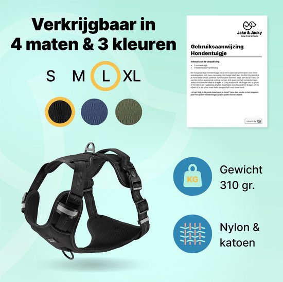 Jake & Jacky Hondentuig – Anti-Trek Y-tuig met Reflecterende Naden – Maat L – Zwart