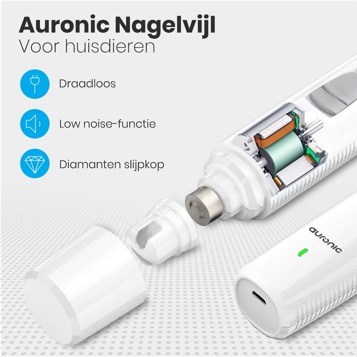 Auronic Elektrische Nagelvijl - voor Dieren - Oplaadbaar - Draadloos - Diamant Vijlkop - Hond/Katten - Wit