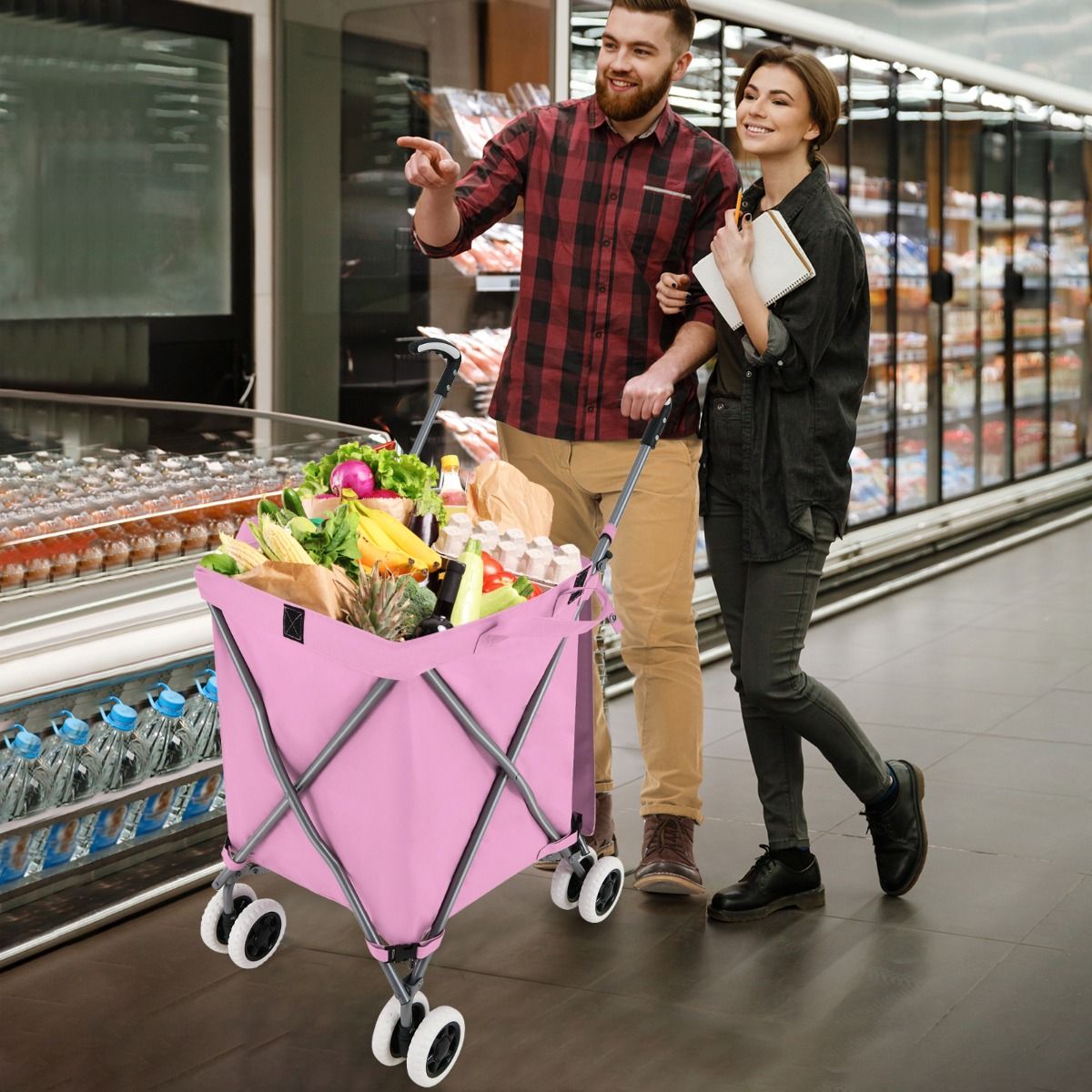 Coast Opvouwbare Boodschappentrolley met Wielen - Handwagen 90L - Winkelwagen Inklapbaar - 66 x 46 x 94,5 cm - Roze