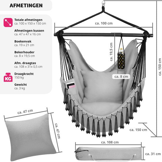 tectake® Hangstoel voor binnen of buiten - Weerbestendig - Met tabletvak en bekerhouder - Macramé schommel voor balkon en tuin - Hangende schommel belastbaar tot 150 kg - Grijs