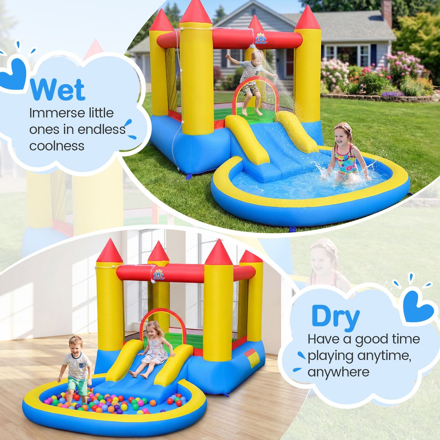 Coast 3-in-1 Opblaasbaar Springkasteel met Glijbaan en Ballenbad - 362 x 196,5 x 193 cm - Meerkleurig