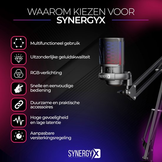 SynergyX SonicFlex Pro Microfoon - USB Gaming Microfoon Met Arm - PC-Gaming - Geschikt voor PC/PS4/PS5 - RGB - Podcast - Gaming - Streaming - Zwart