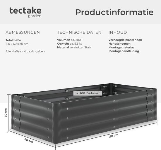tectake® Verhoogde Plantenbak - 120 x 60 x 30 cm - 200 L - Plantenbakken voor Buiten - Kweekbak - Moestuinbak - Verzinkt Staal - Open Bodem - Kruidentuin - Tuinbak - Ergonomisch