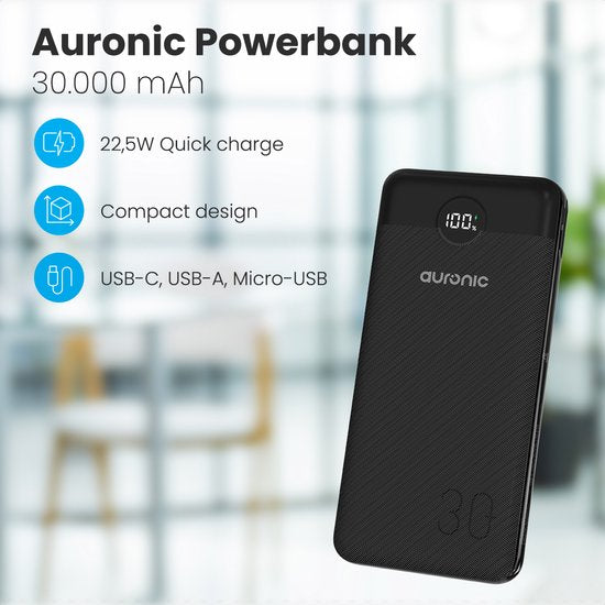 Auronic Powerbank - Geschikt voor iPhone 12/13/14/15 en Samsung S21/S22/S23 - 30.000 mAh - 22.5W - 4 Oplaadpoorten - Snelladen via USB-A en USB-C - Zwart