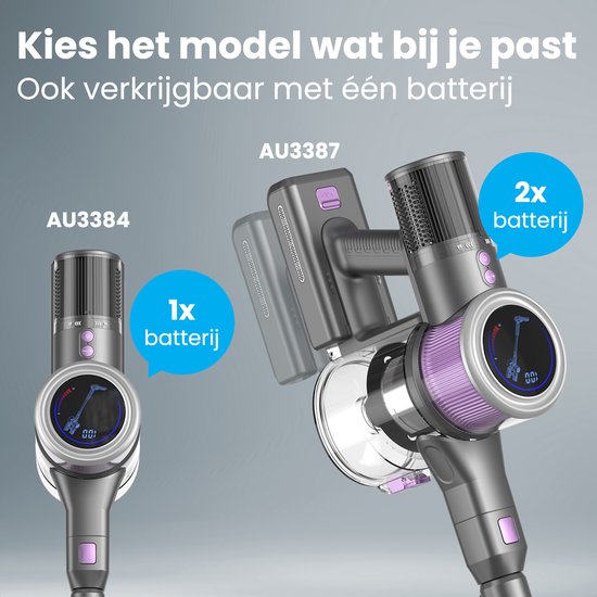 Auronic Steelstofzuiger - Draadloos - Zonder Zak - Op Accu - Zelfstaand - 350W - Extra Batterij - Stofzuiger - Grijs/Paars