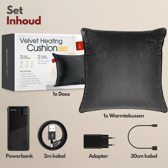 Coozie Oplaadbaar Warmtekussen – Draadloos & Bedraad – 45–65°C – Velvet – 45 x 45 cm – Antracietgrijs – Elektrisch Kussen – Incl. Powerbank – Tot 8 uur warmte