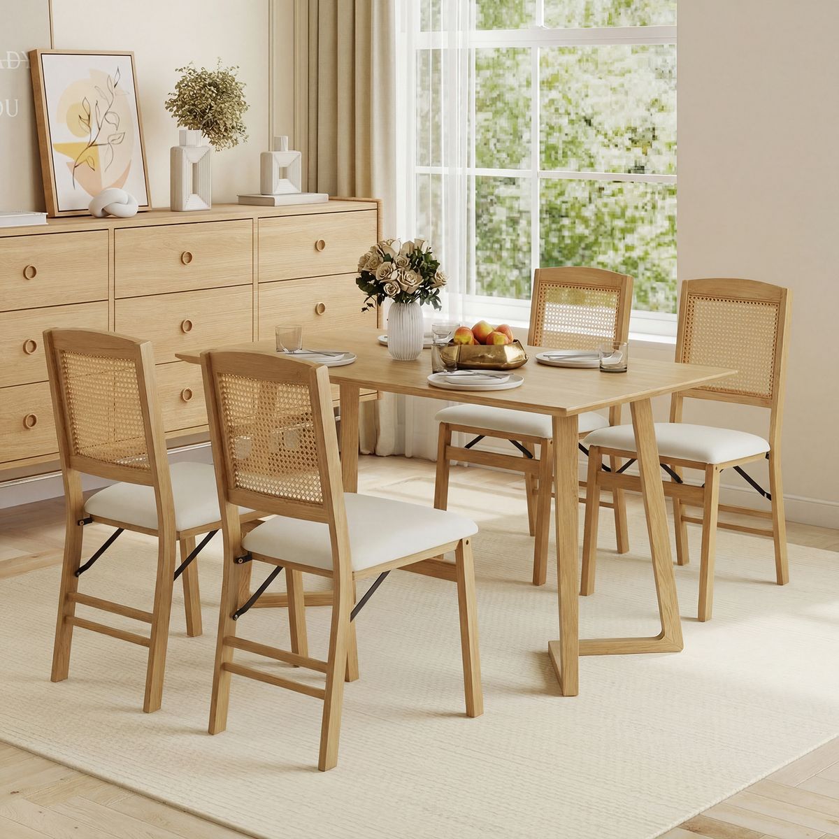 Coast Opvouwbare Eetkamerstoelen Set van 2 - Hout en PE-rotan - Linnen zitting - Naturel