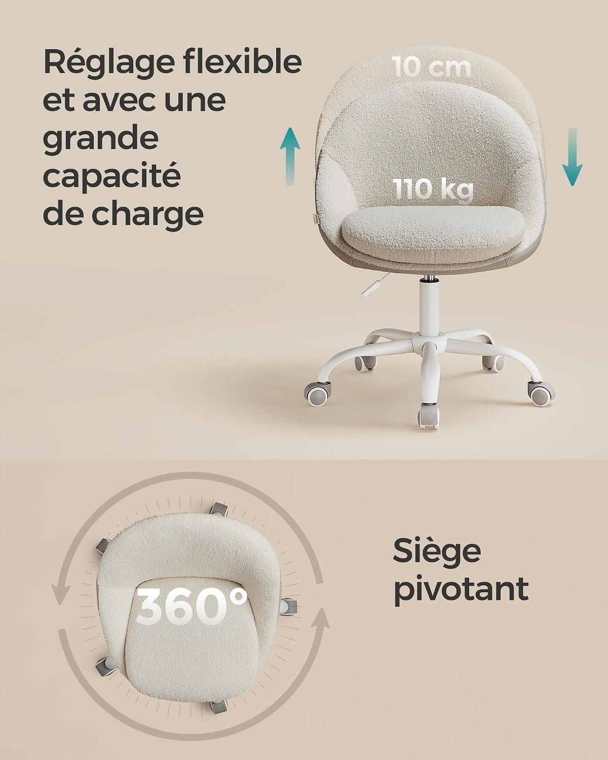 SONGMICS Draaibare Bureaustoel – 360° – In Hoogte Verstelbaar – Zachte Bekleding
