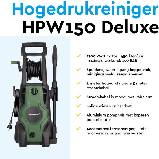 BRASQ Hogedrukreiniger Deluxe - Terrasreiniger - Hogedrukspuit – 1700W - 150 bar - 450 L/H - Complete set