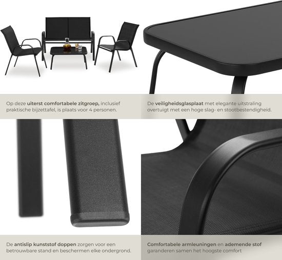 tectake® Tuinset Nora - Moderne Zitgroep voor 4 Personen - Loungeset met Tuinbank en 2 Tuinstoelen van Ademend, Waterafstotend Textileen-Weefsel - Balkonset Met Bijzettafel - Zwart