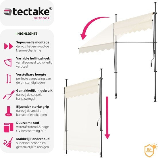 tectake - klemluifel - Zonnescherm – Zonneluifel - Verstelbaar - Klem-zonwering - Zonnescherm Balkon - 150 x 180 cm - beige - zonwering - 404954